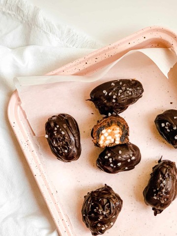 Pink Baking Sheet with Healthy Salted Chocolate Date Candies