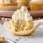A vanilla cupcake with sprinkles and frosting.