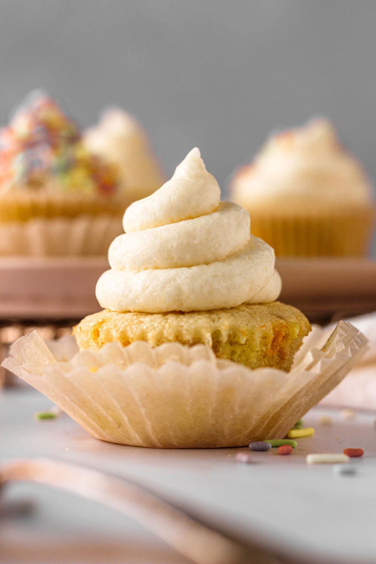 vanilla funfetti cupcake with vanilla american buttercream frosting for baking blog