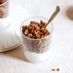 A cup of yogurt topped with homemade granola and a spoon.