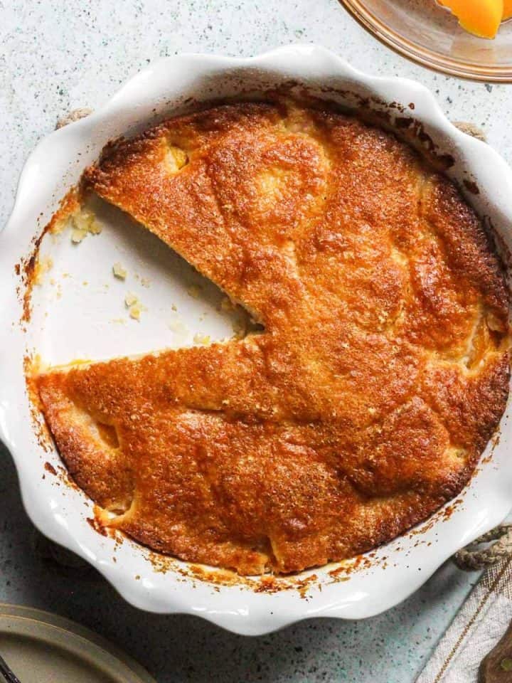 Homemade peach cobbler with canned peaches.