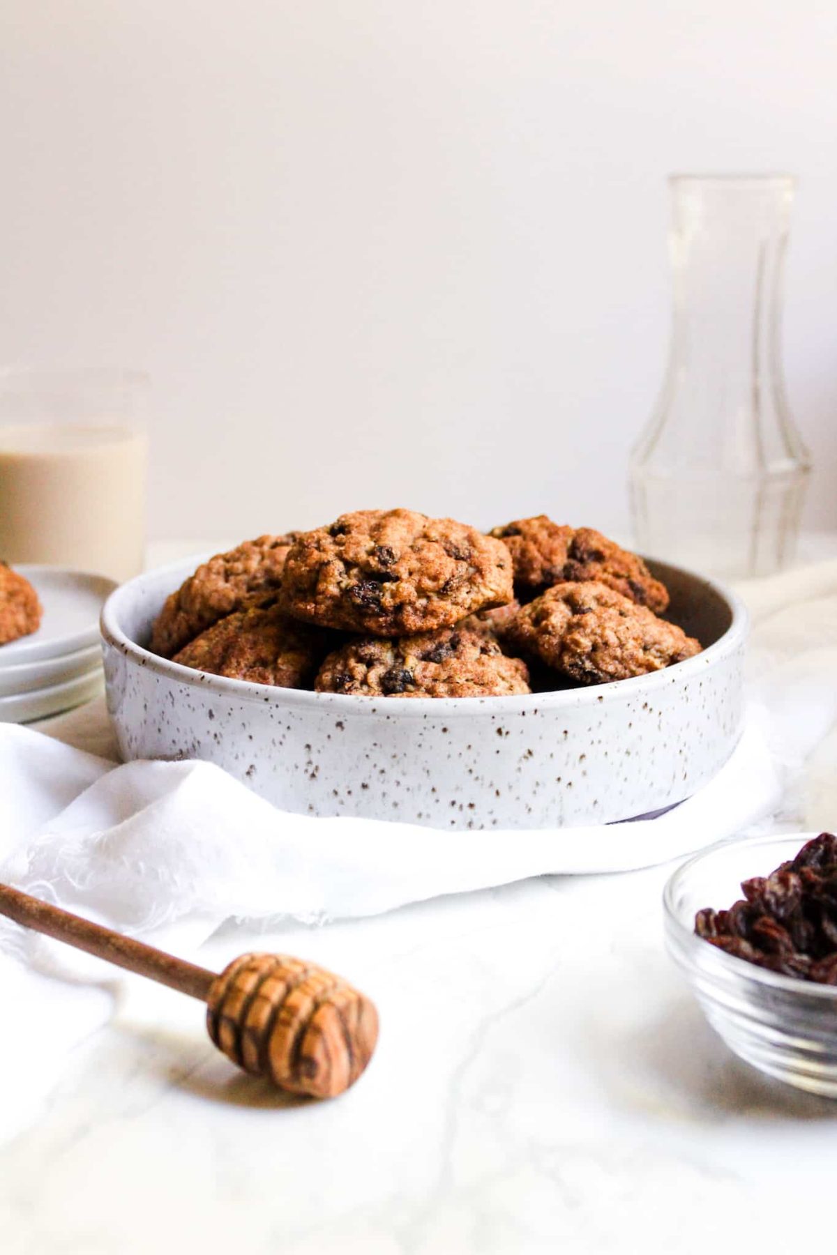 Pottery Bowl of Healthy Cookies with Raisins, Oats, Cinnamon and Sugar for Food Blog