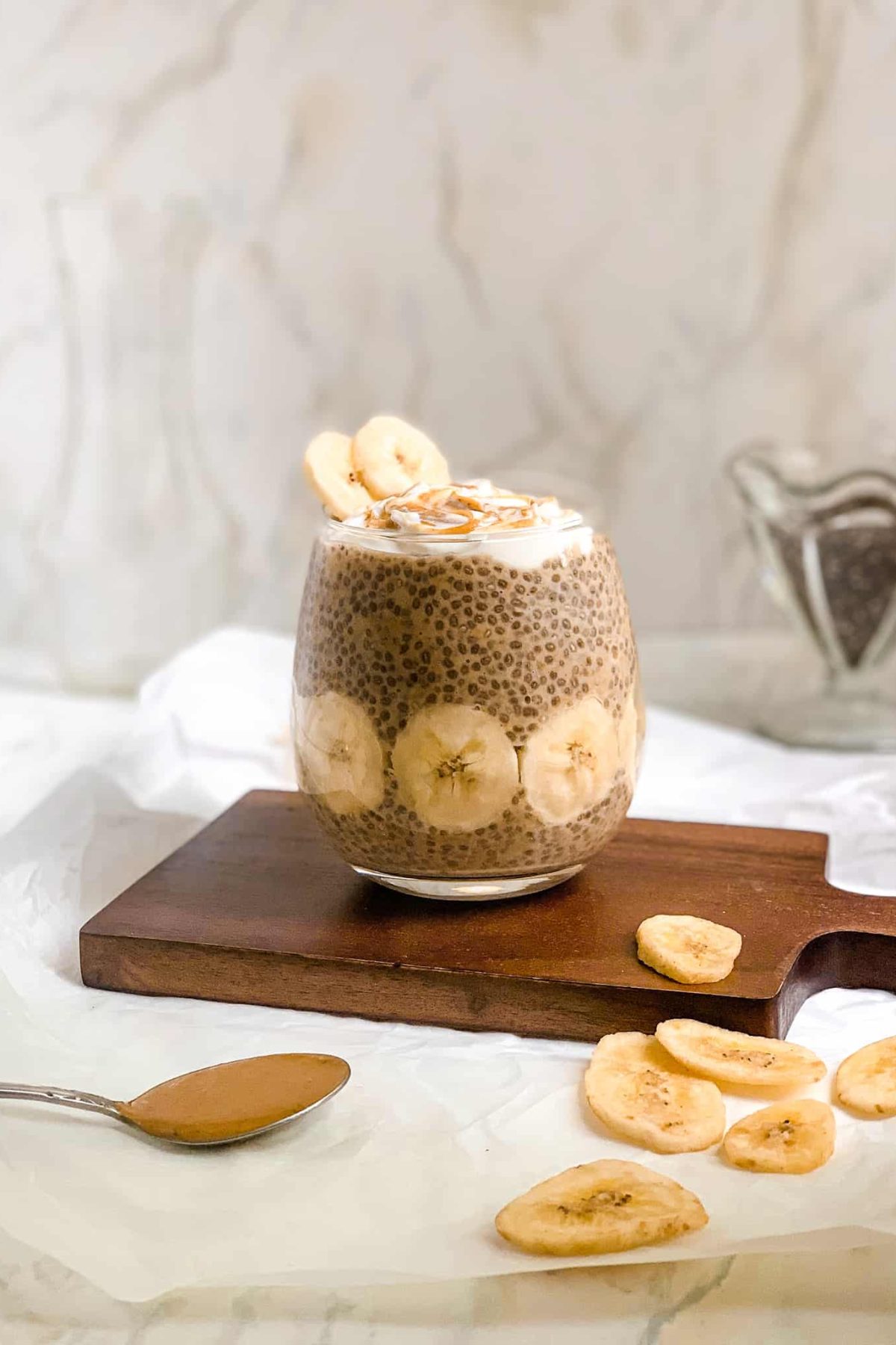 Healthy Breakfast Seed Pudding in a Glass with Fruit and Nut Butter for Food Photography
