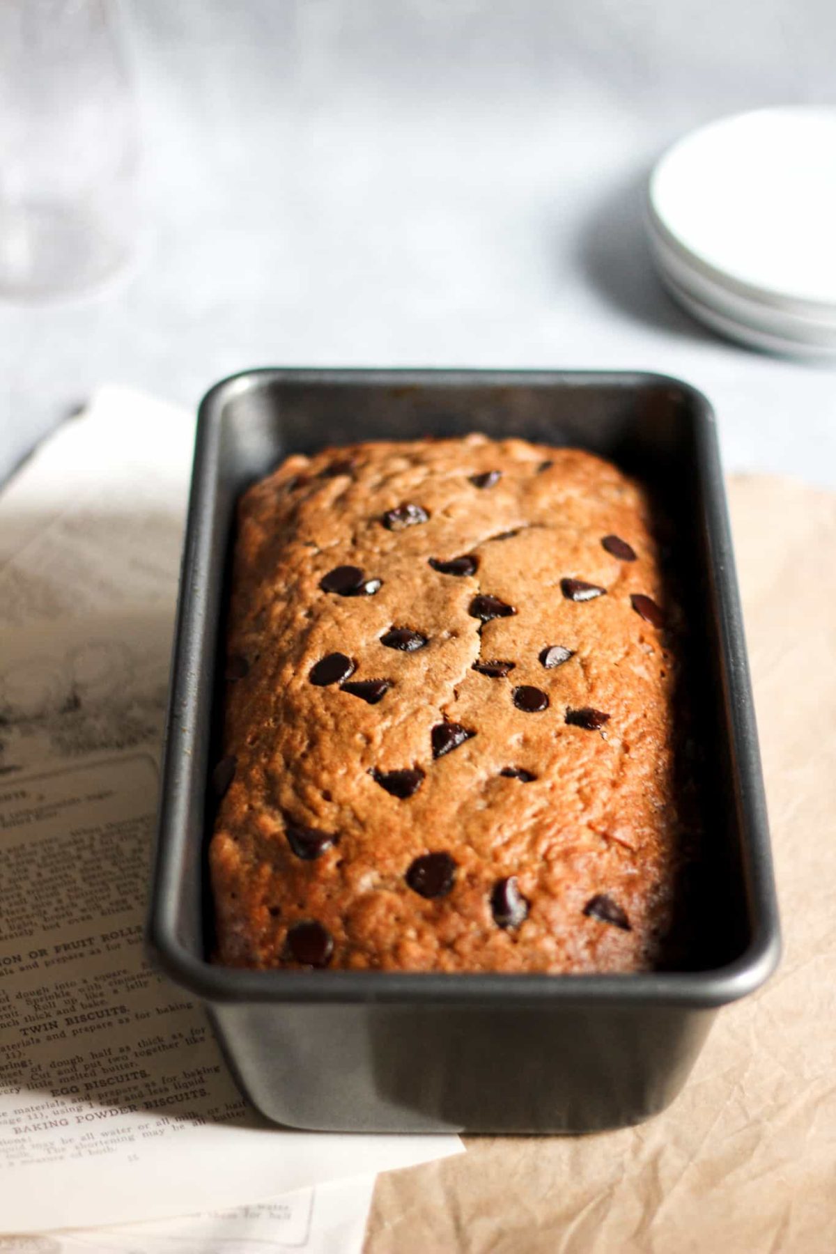 Healthier Banana Bread Banana Bread with Chocolate Chips in a Loaf Pan for Food Photography